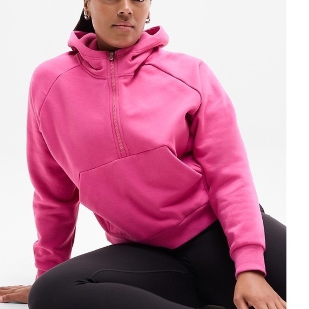 Athleta Forever Fleece 1/2 Zip Hoodie Womens Large Pink Barbie Athleisure Cozy